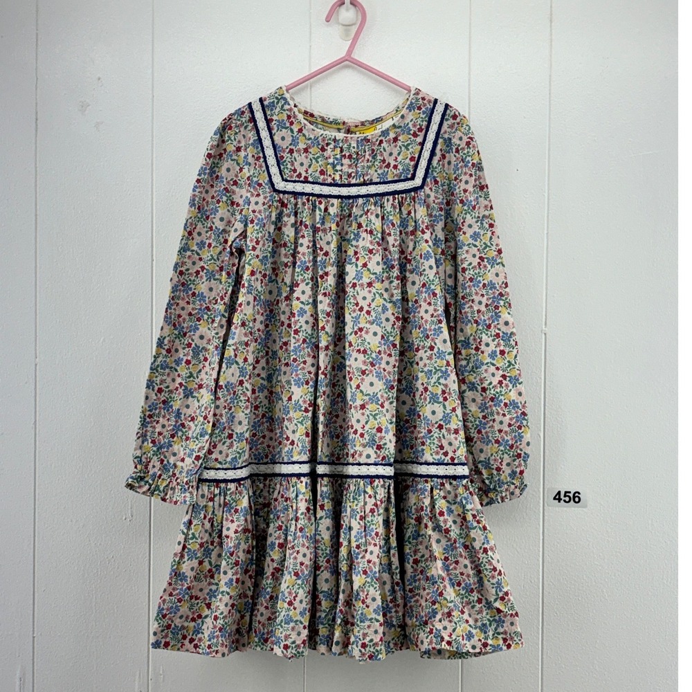 Mini Boden Girls Multi Color Floral Tiered Cotton Dress Blue Lace Trim 8-9Y